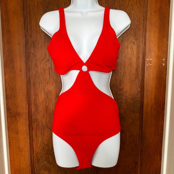 NWT Aerie Wide Rib Cut Out Ring One Piece Swimsuit‎ Red L Monokini - Picture 1 of 8